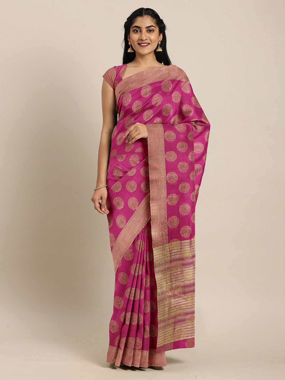 

The Chennai Silks Magenta & Gold-Toned Ethnic Motifs Zari Jute Cotton Saree
