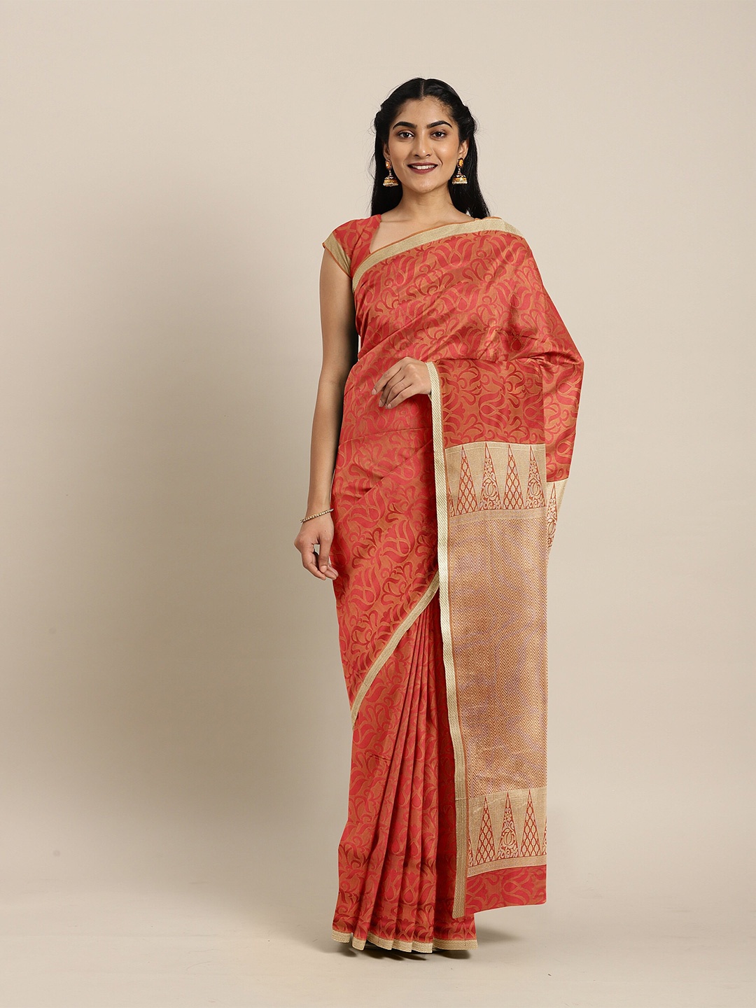 

The Chennai Silks Orange & Gold-Toned Floral Zari Art Silk Fusion Saree