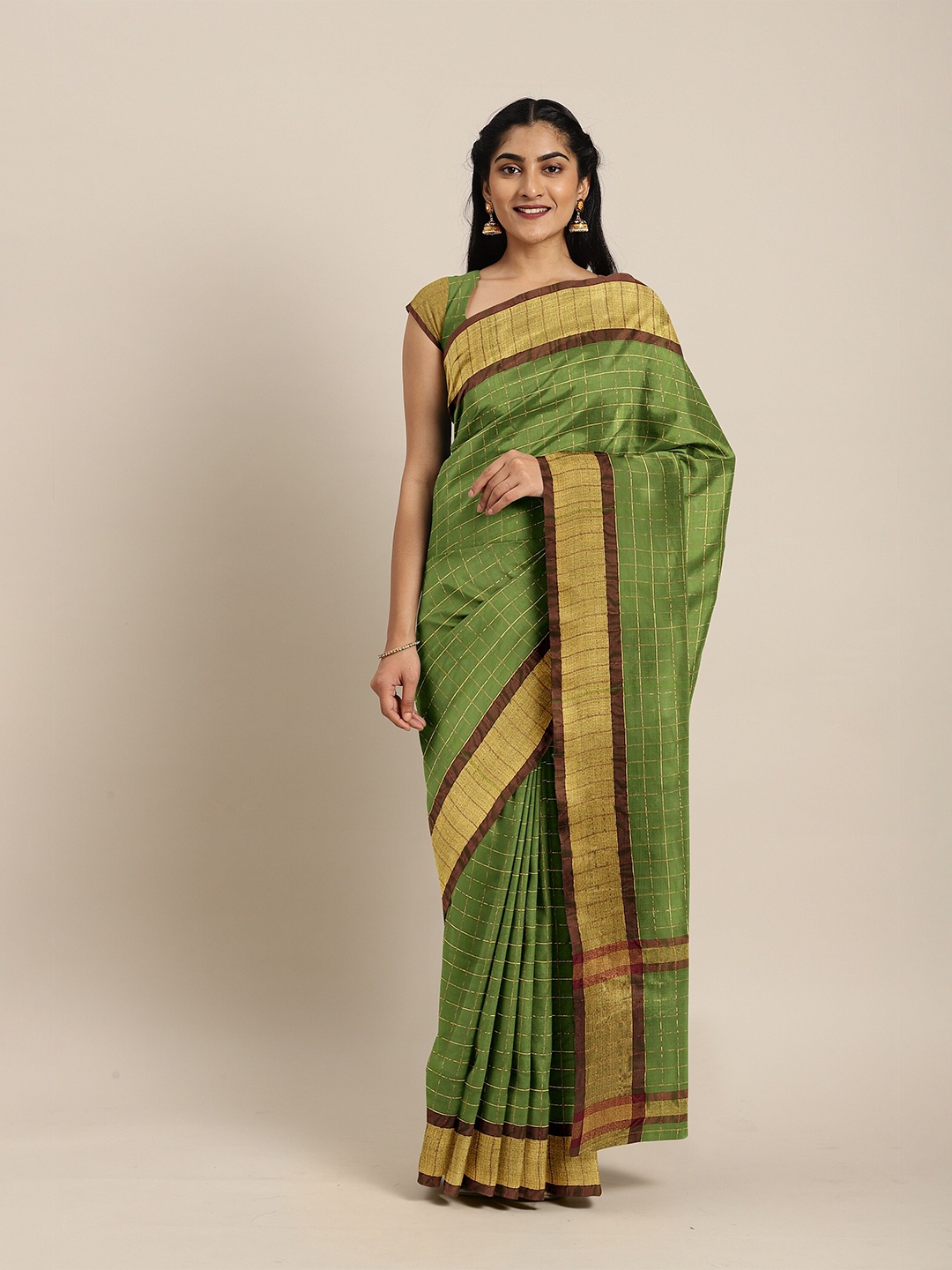 

The Chennai Silks Green & Gold-Toned Checked Pure Cotton Fusion Venkatgiri Saree