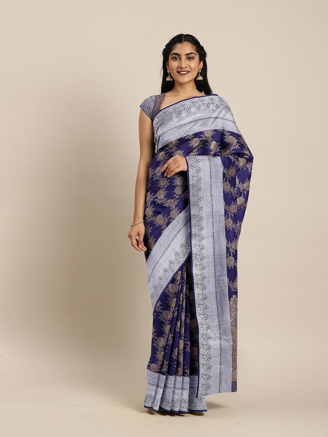 

The Chennai Silks Navy Blue & Silver-Toned Woven Design Zari Jute Cotton Saree