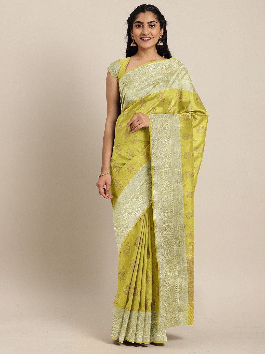 

The Chennai Silks Yellow & Silver-Toned Ethnic Motifs Zari Jute Cotton Saree