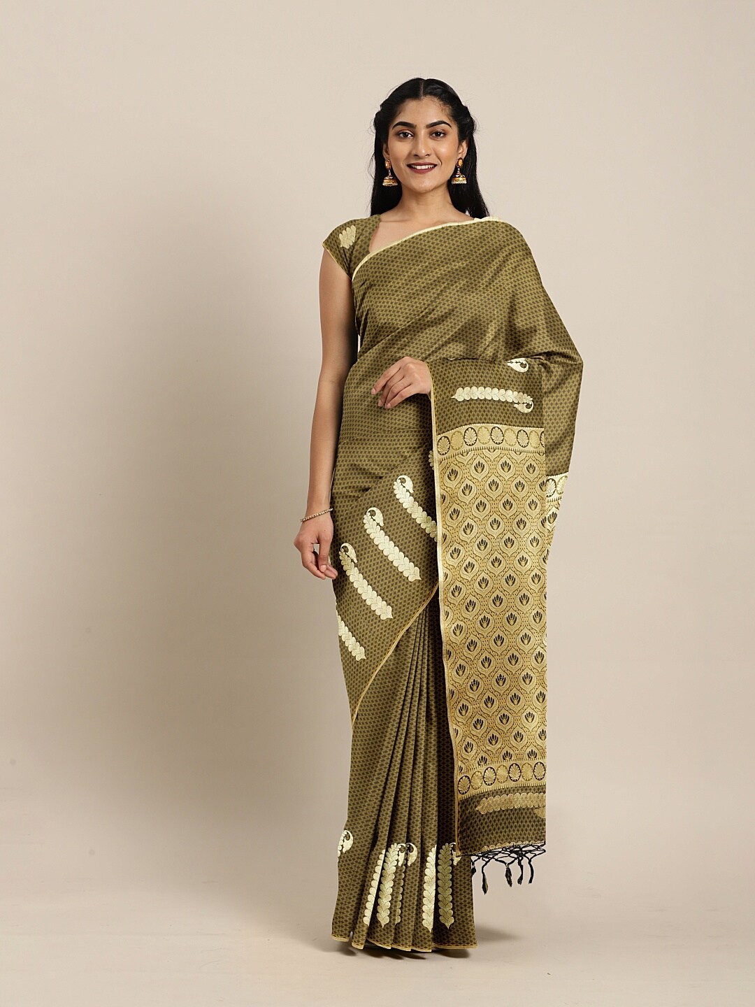 

The Chennai Silks Olive Green & Gold-Toned Floral Zari Art Silk Saree