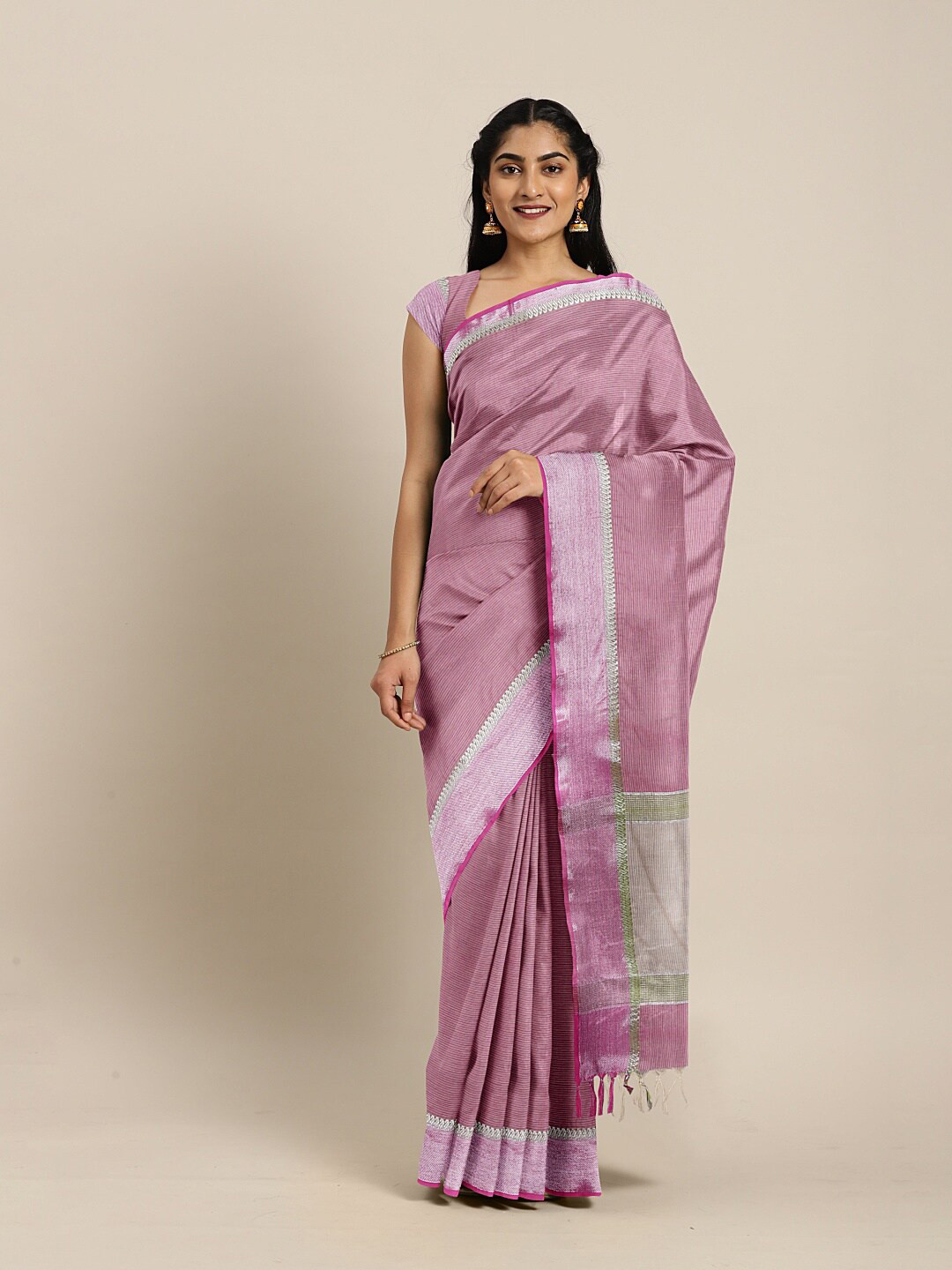 

The Chennai Silks Pink & Silver-Toned Striped Zari Pure Cotton Saree
