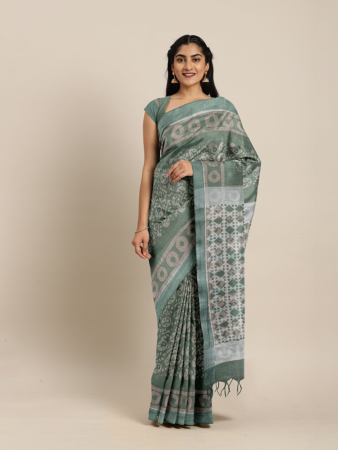 

The Chennai Silks Green & Grey Batik Pure Cotton Chanderi Saree