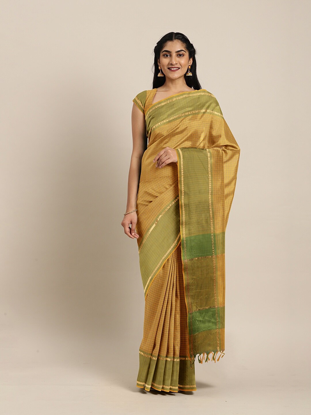

The Chennai Silks Yellow & Gold-Toned Checked Pure Cotton Saree