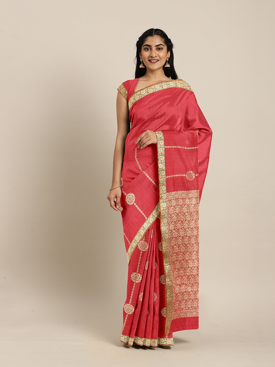 

The Chennai Silks Red & Gold-Toned Ethnic Motifs Zari Art Silk Saree