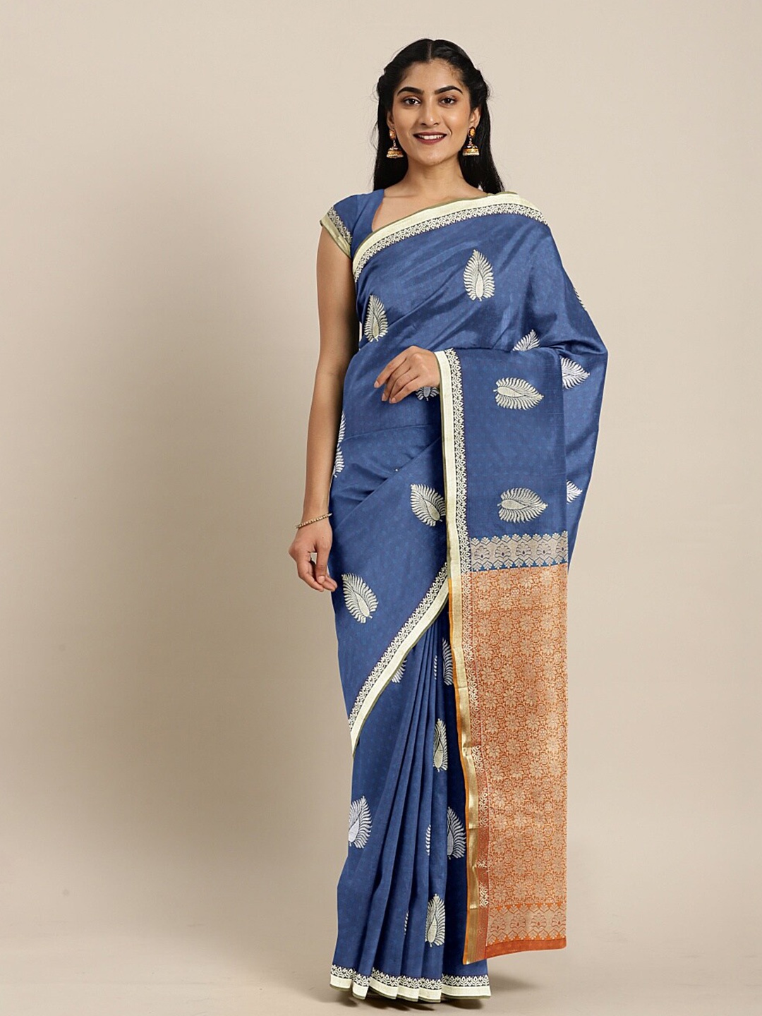 

The Chennai Silks Blue & Silver-Toned Ethnic Motifs Zari Art Silk Saree