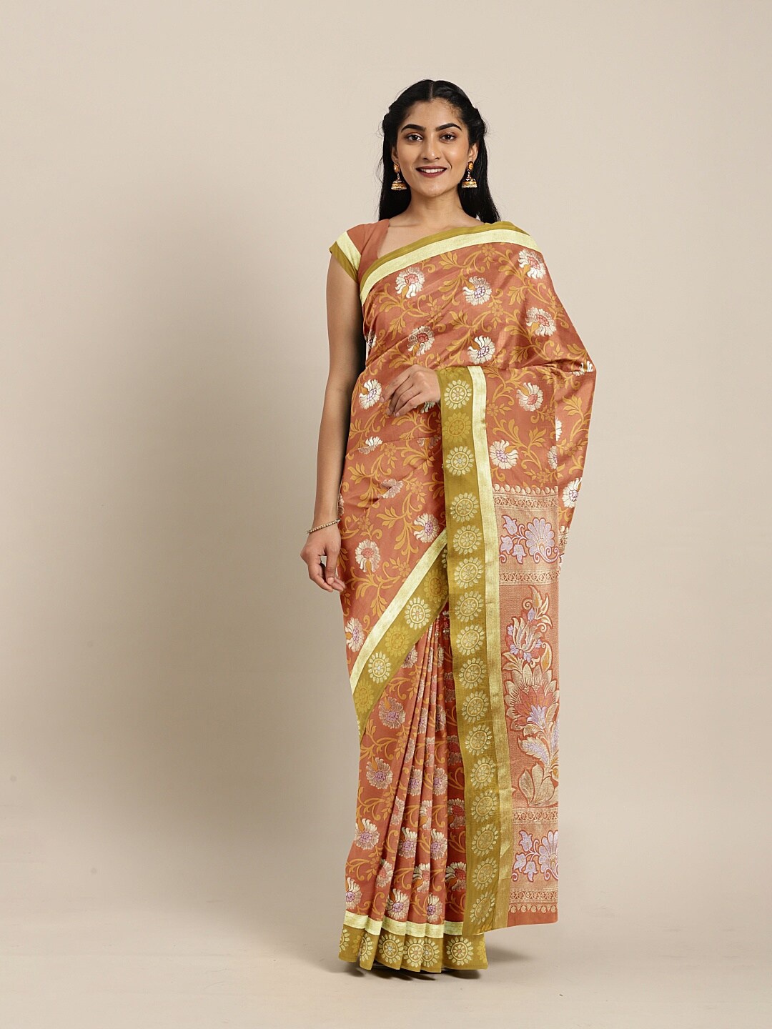 

The Chennai Silks Orange & Silver-Toned Floral Zari Art Silk Fusion Saree