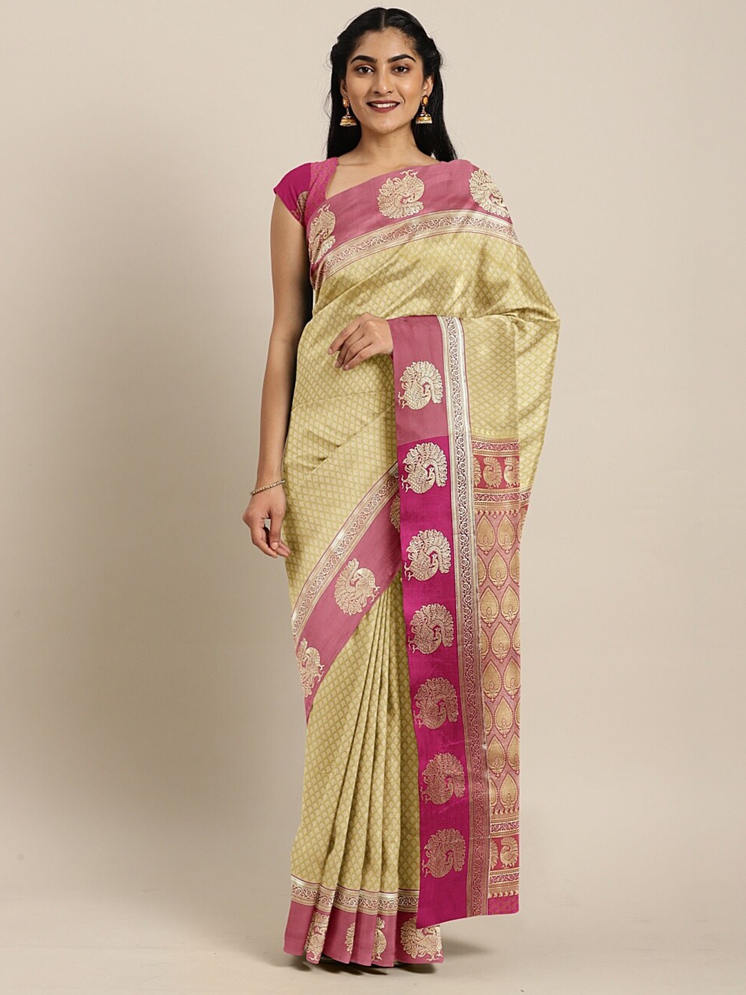 

The Chennai Silks Yellow & Fuchsia Ethnic Motifs Zari Art Silk Saree