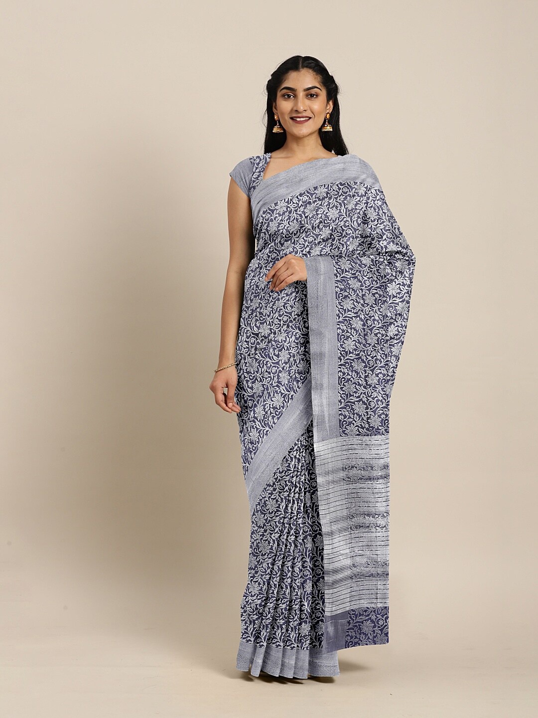 

The Chennai Silks Navy Blue & Silver-Toned Floral Jute Cotton Saree
