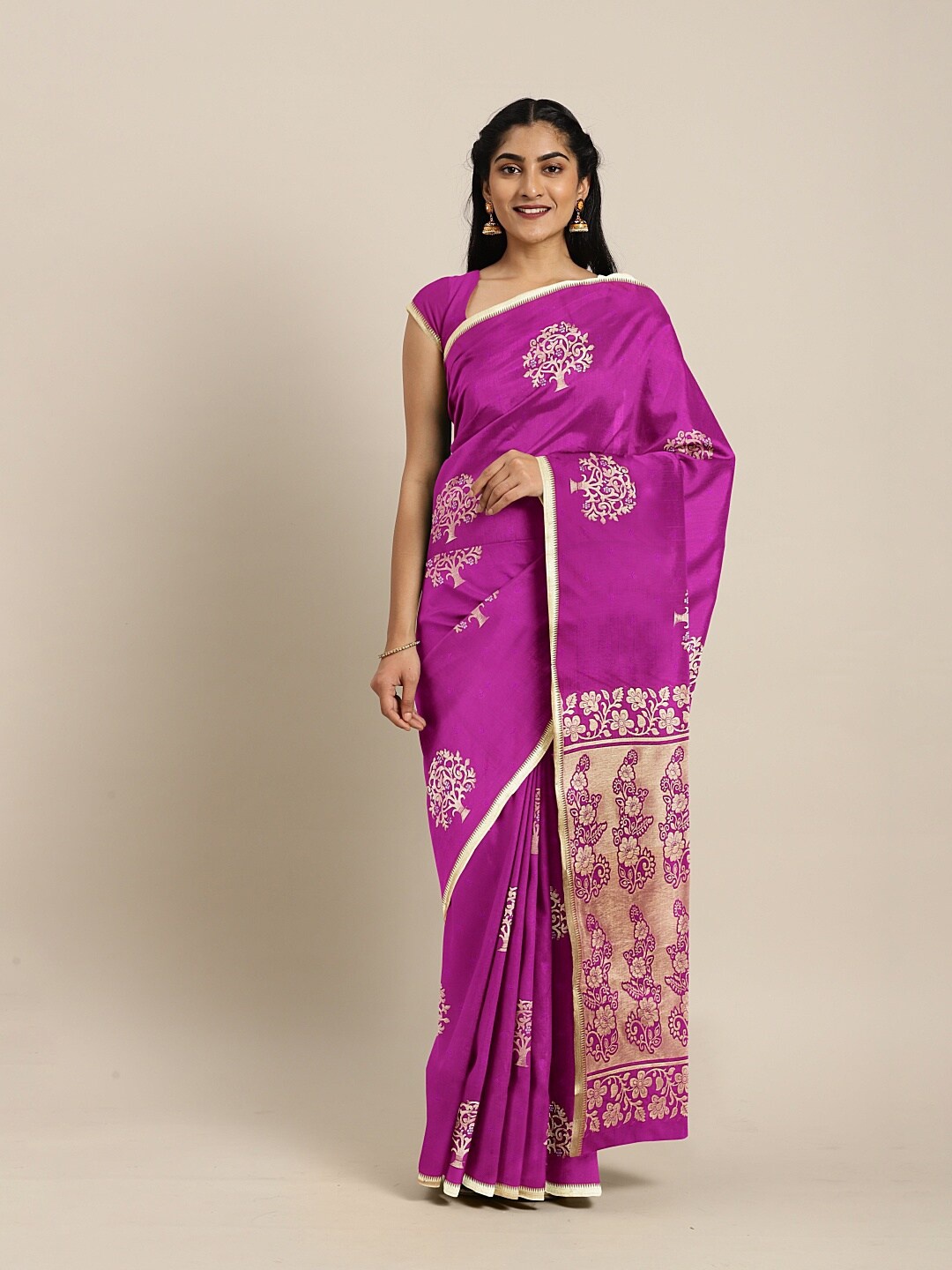 

The Chennai Silks Violet & Gold-Toned Woven Design Zari Art Silk Fusion Saree