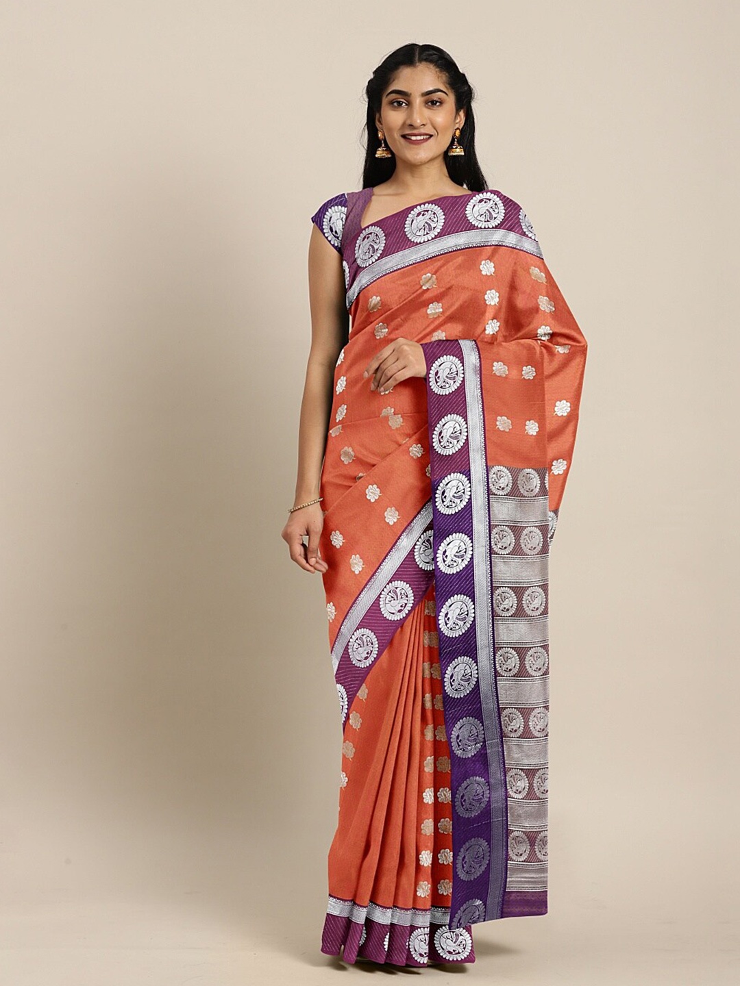 

The Chennai Silks Orange & Violet Ethnic Motifs Zari Art Silk Fusion Saree
