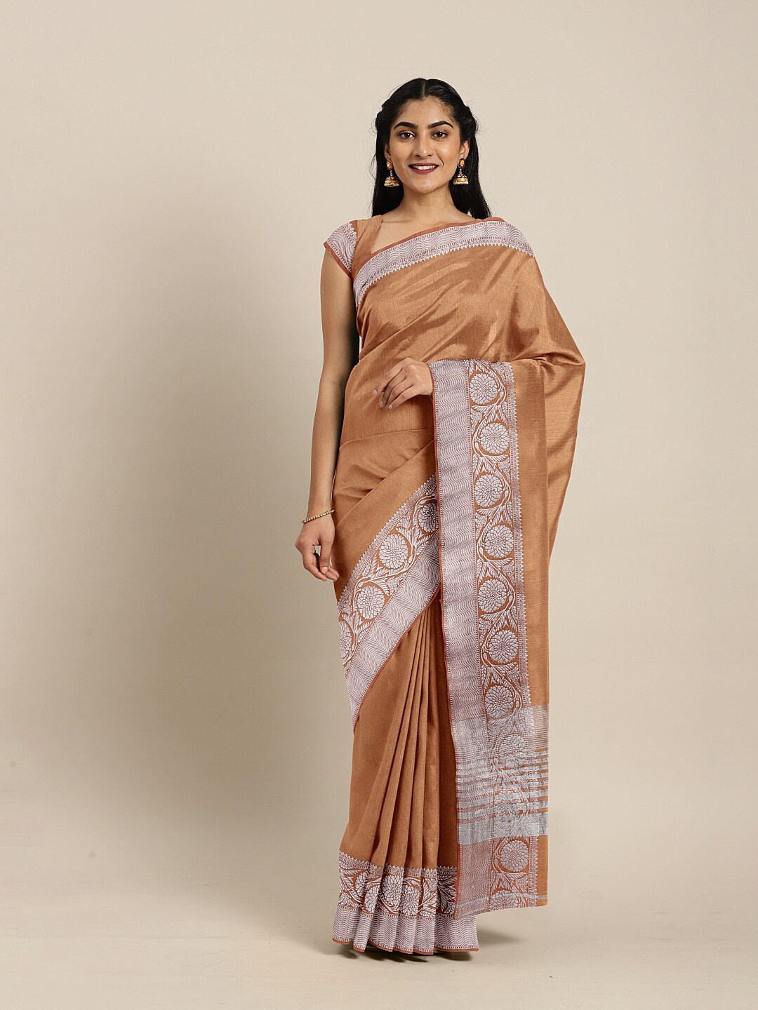 

The Chennai Silks Brown & Silver-Toned Zari Jute Cotton Fusion Saree