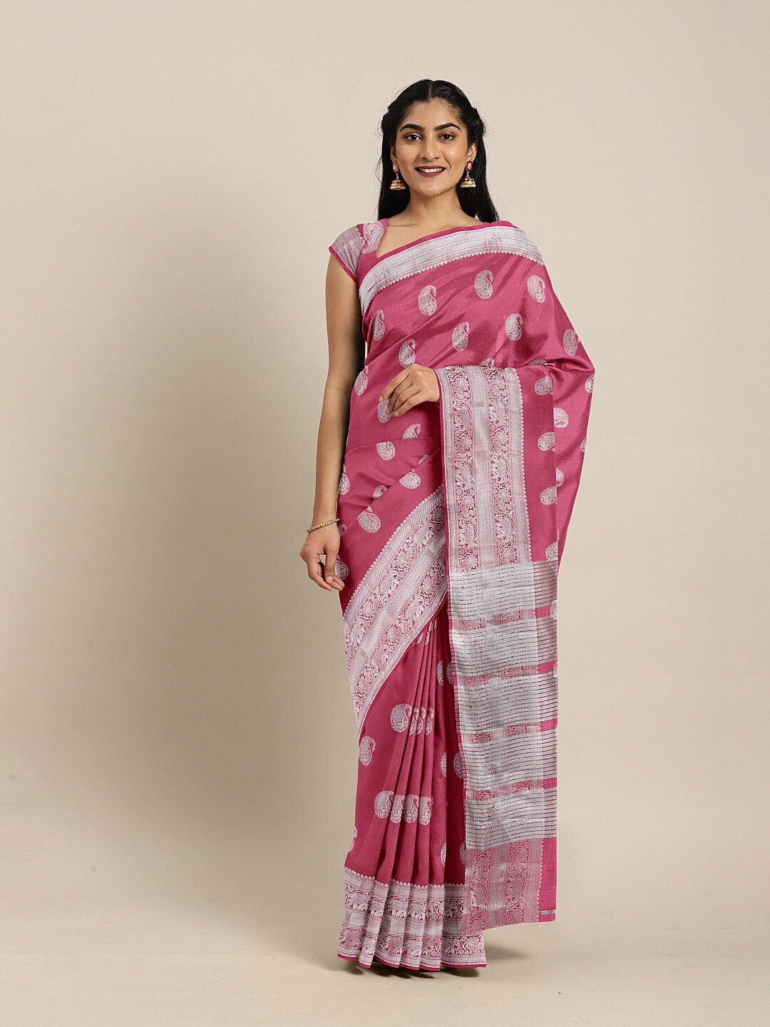 

The Chennai Silks Pink & Silver-Toned Woven Design Zari Jute Cotton Saree