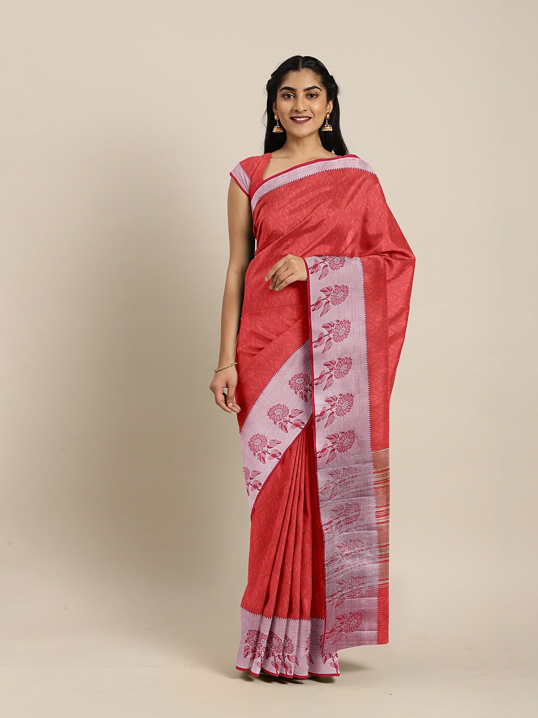 

The Chennai Silks Red & Silver-Toned Ethnic Motifs Zari Jute Cotton Saree