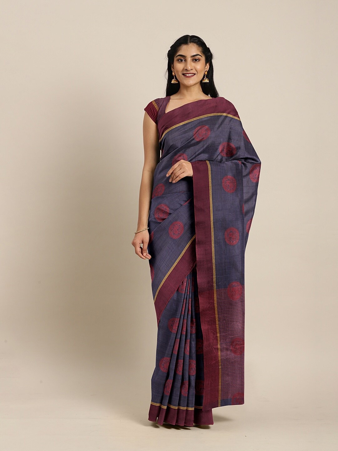 

The Chennai Silks Grey & Maroon Ethnic Motifs Woven Design Saree