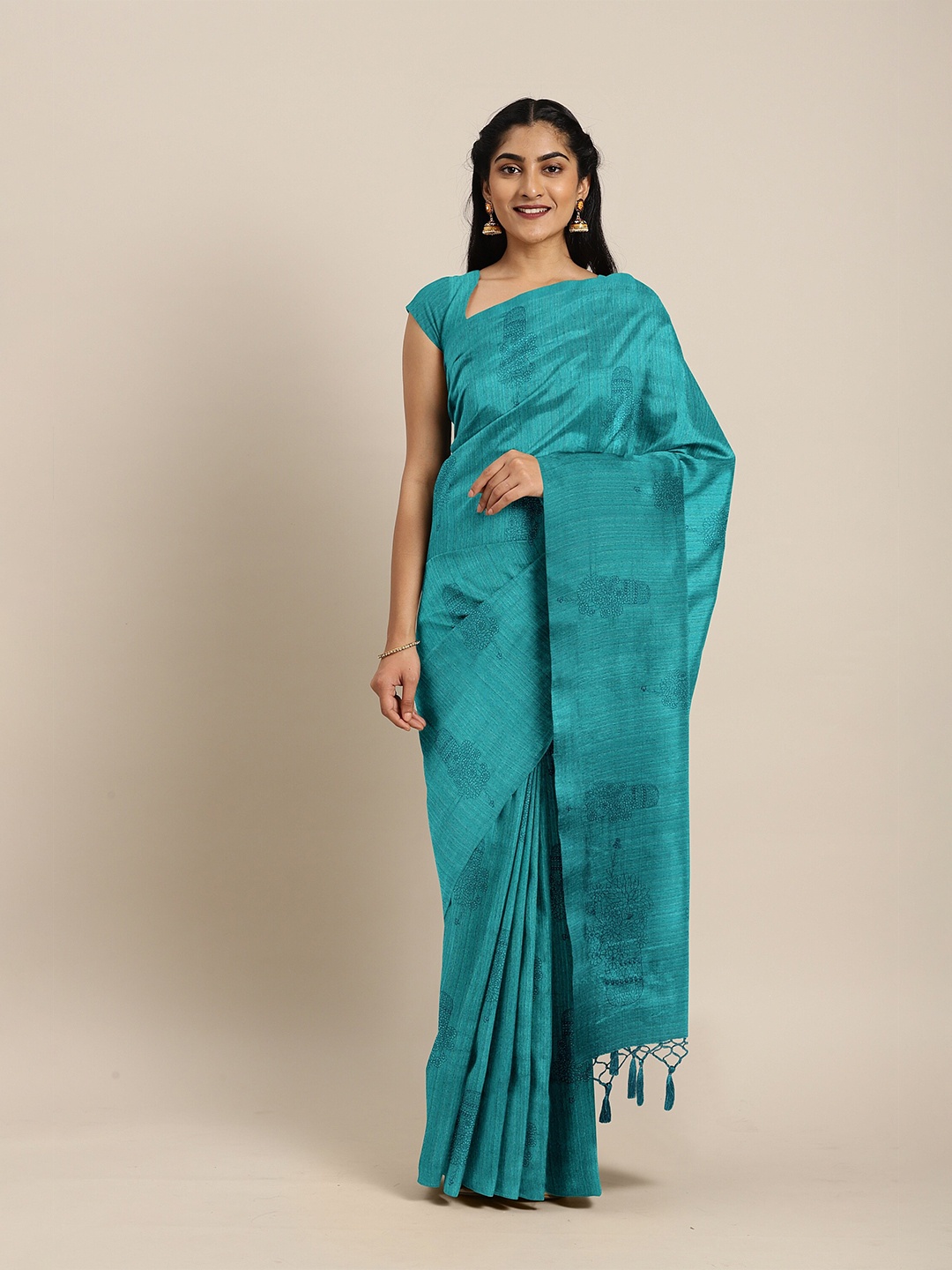 

The Chennai Silks Sea Green Floral Embroidered Jute Cotton Fusion Saree