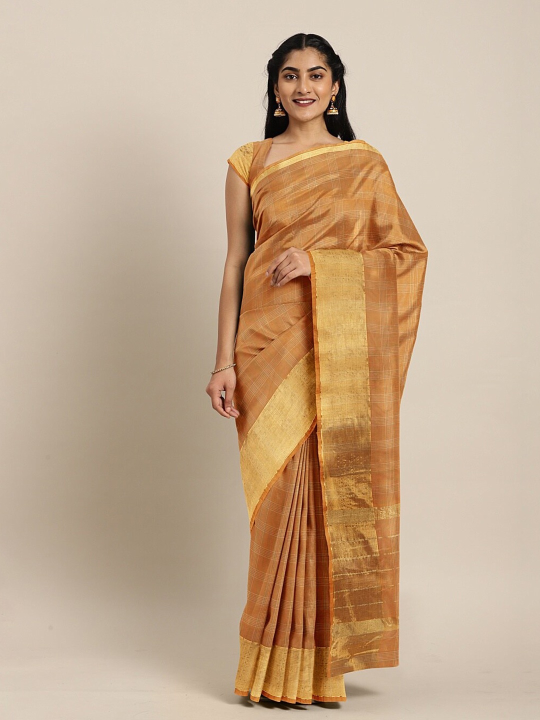 

The Chennai Silks Brown & Gold-Toned Checked Zari Art Silk Saree