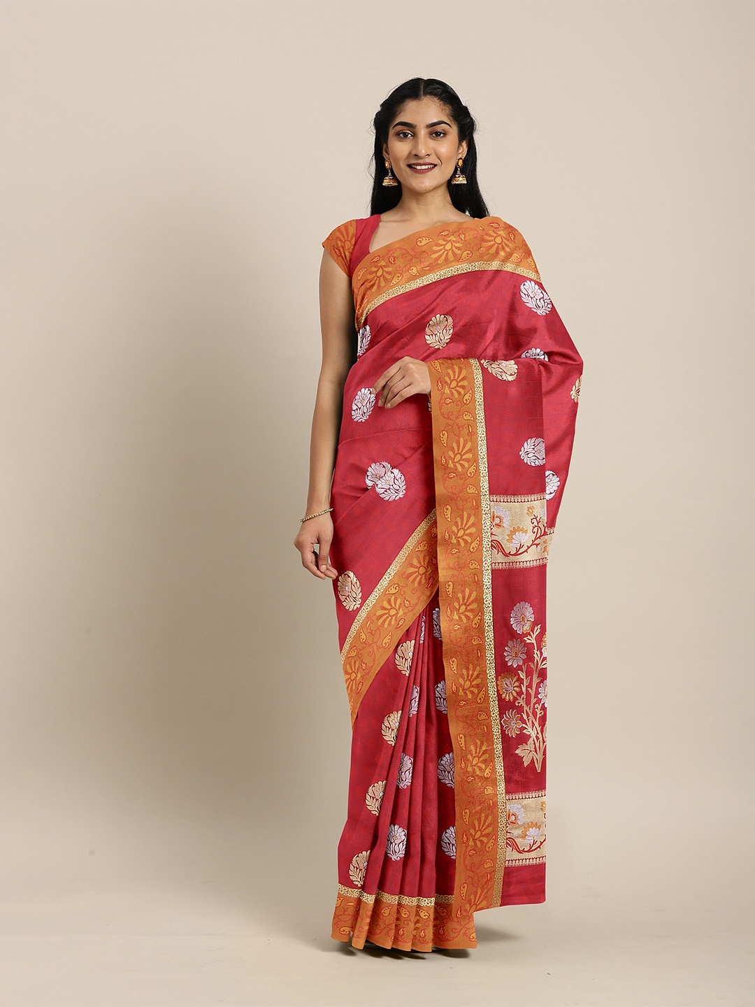 

The Chennai Silks Red & Silver-Toned Woven Design Zari Art Silk Fusion Saree