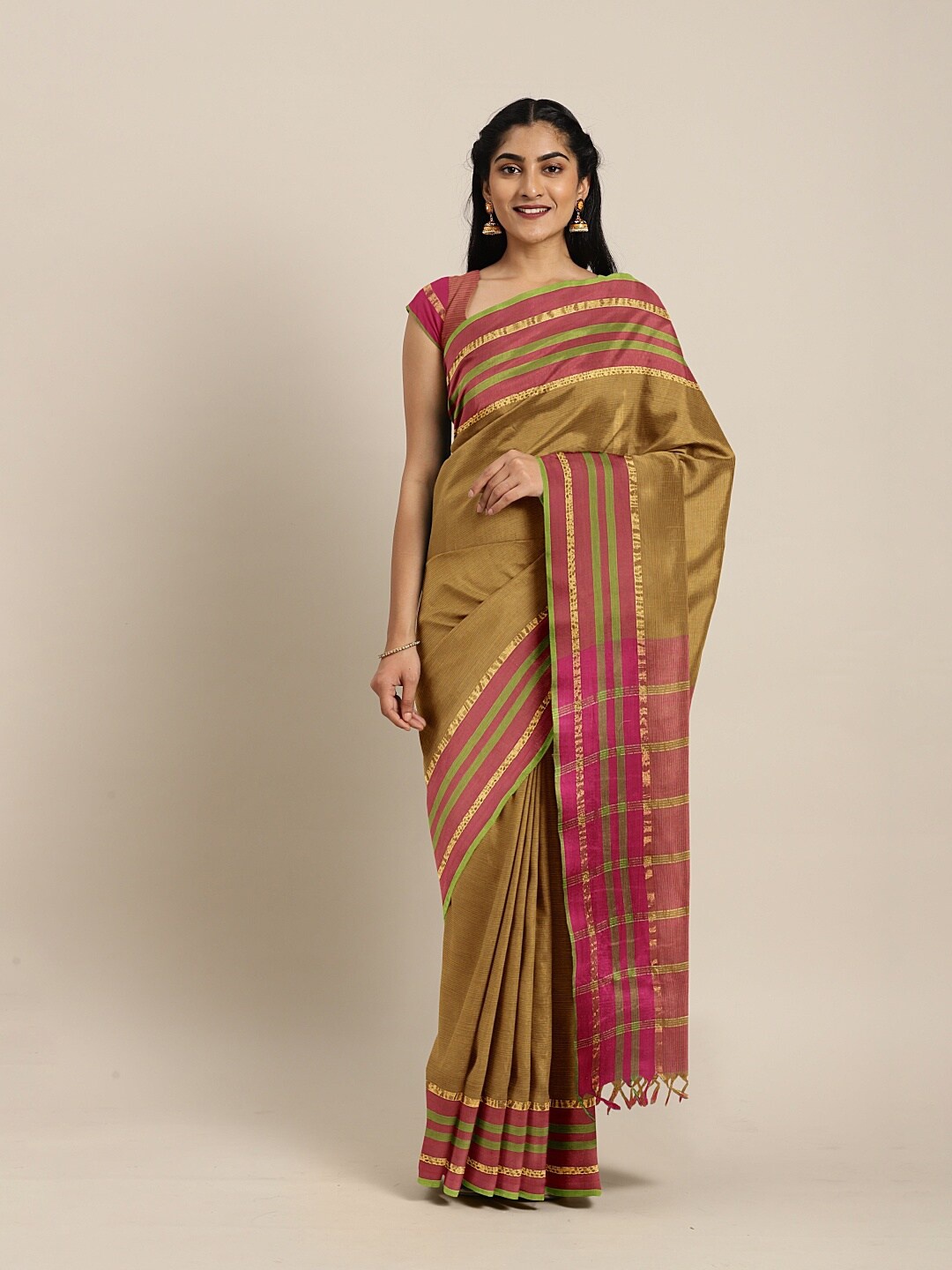 

The Chennai Silks Mustard & Gold-Toned Zari Pure Cotton Fusion Saree