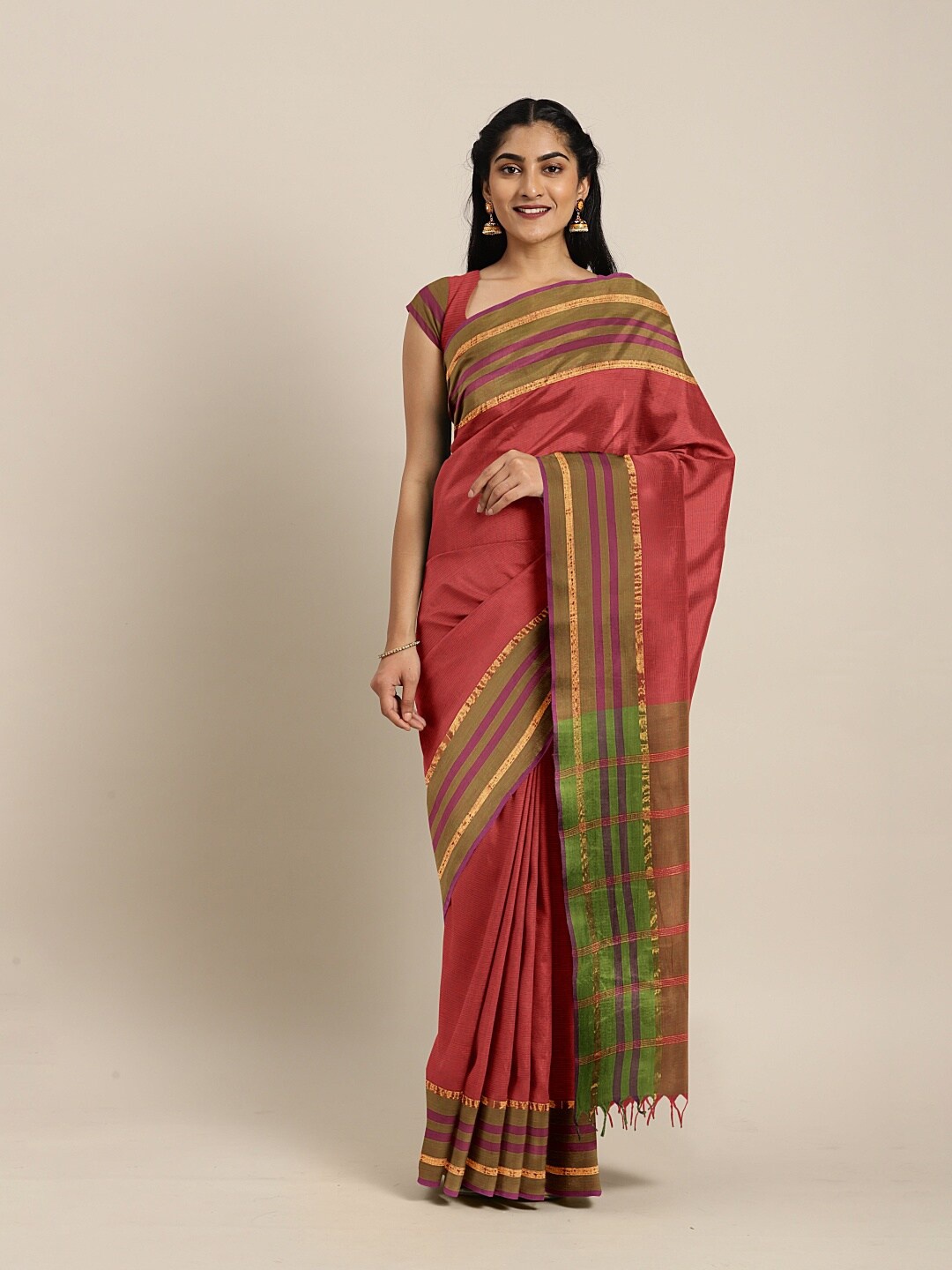 

The Chennai Silks Coral & Green Zari Pure Cotton Fusion Saree