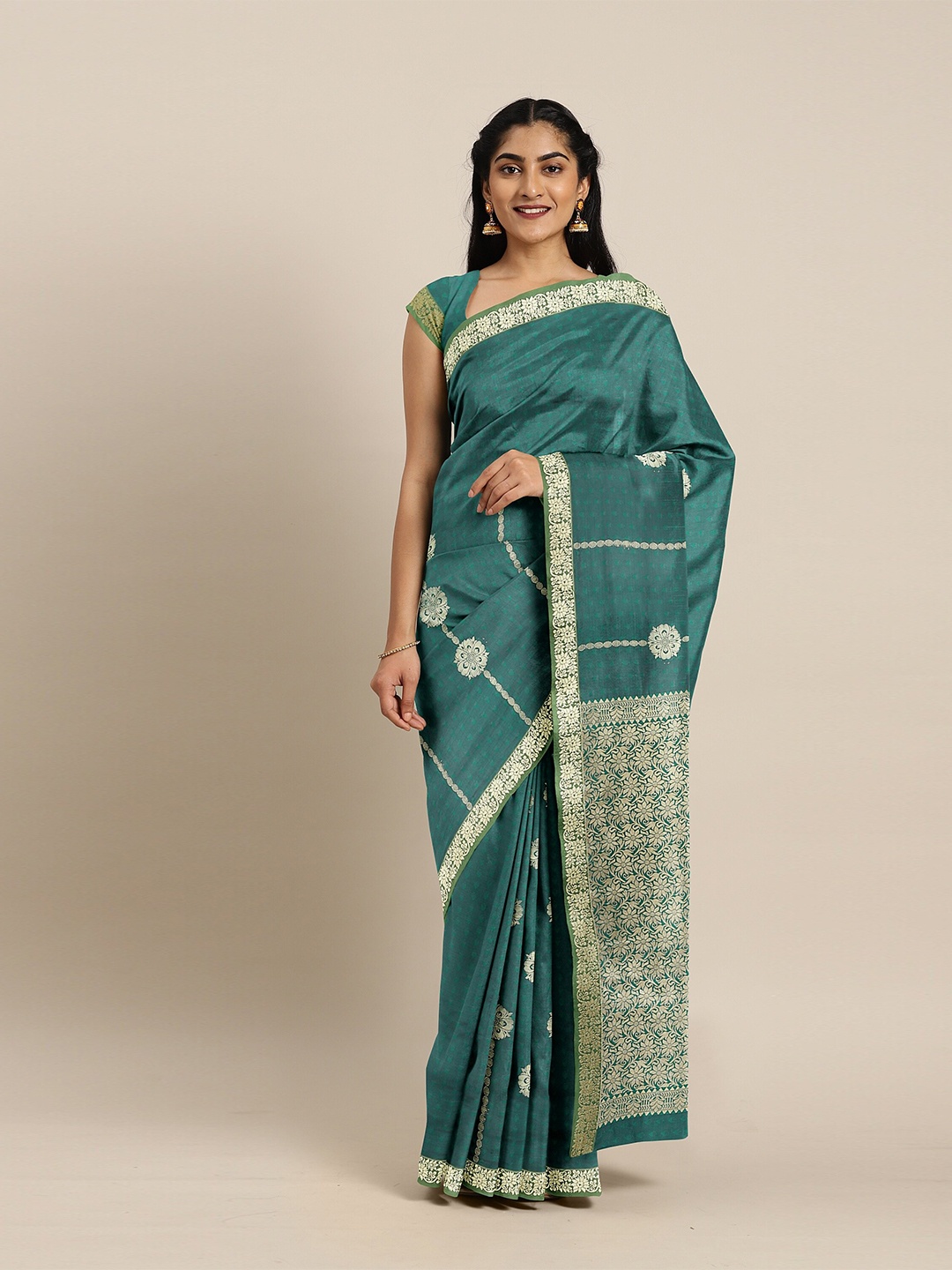 

The Chennai Silks Green & Gold-Toned Woven Design Zari Art Silk Saree