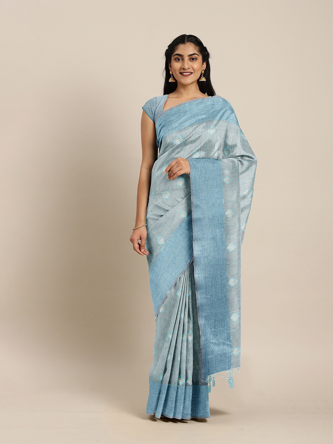 

The Chennai Silks Grey & Blue Ethnic Motifs Embroidered Tissue Saree