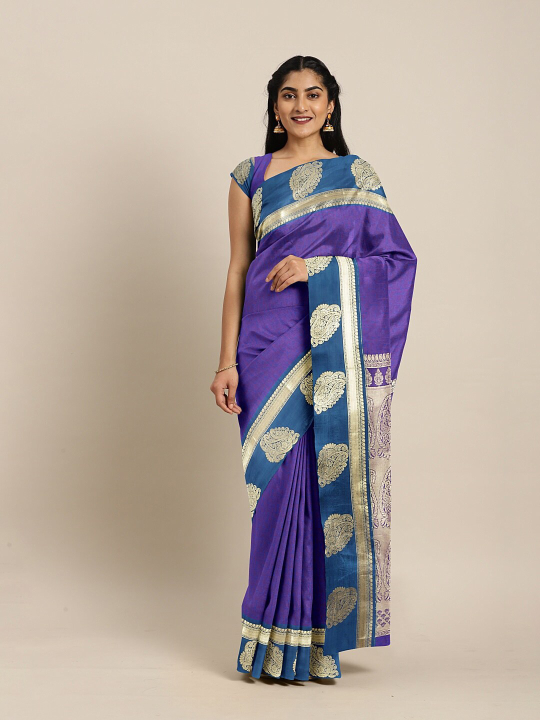 

The Chennai Silks Purple & Blue Ethnic Motifs Zari Art Silk Saree