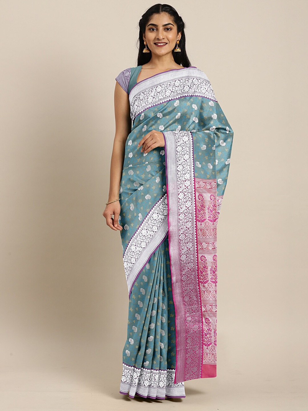 

The Chennai Silks Blue & Pink Ethnic Motifs Zari Art Silk Fusion Saree