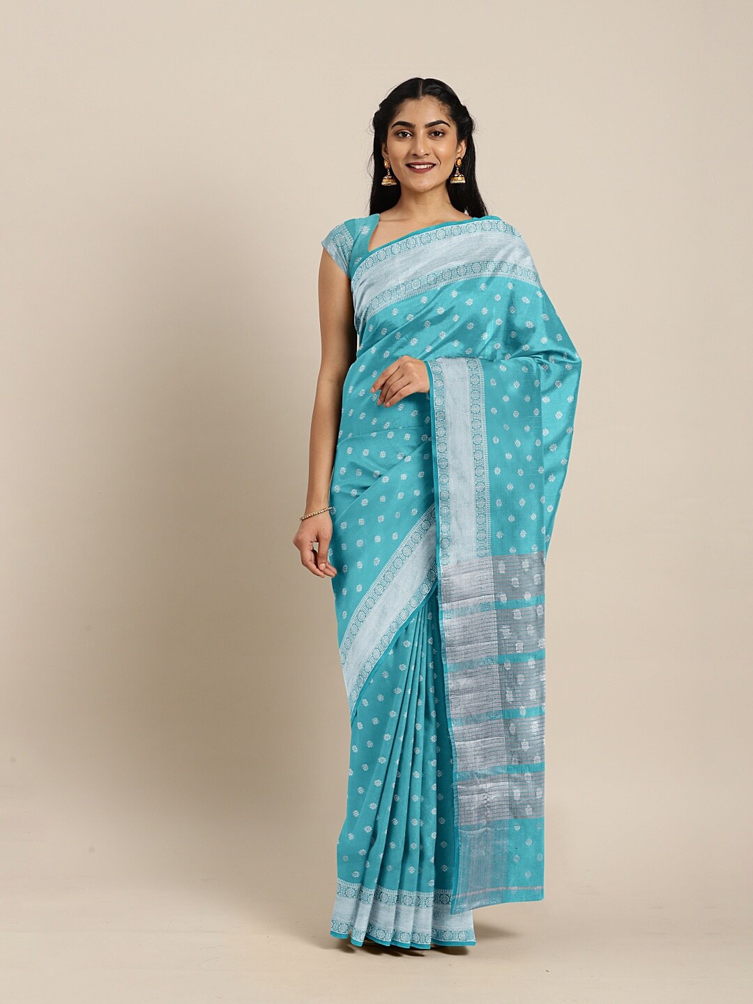 

The Chennai Silks Turquoise Blue & Silver-Toned Ethnic Motifs Zari Jute Cotton Fusion Saree