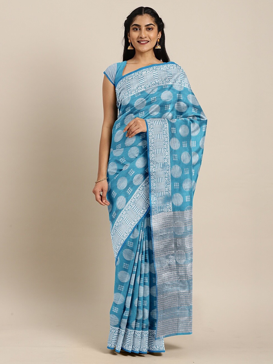 

The Chennai Silks Blue & Silver-Toned Zari Jute Cotton Saree