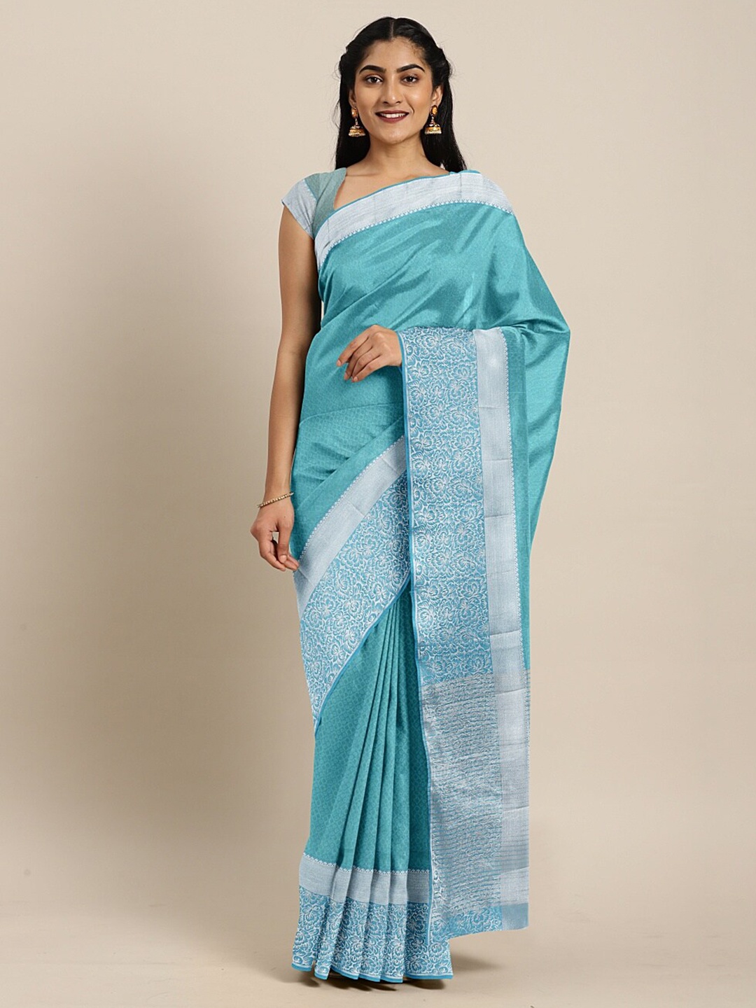 

The Chennai Silks Blue & Silver-Toned Floral Zari Jute Cotton Saree