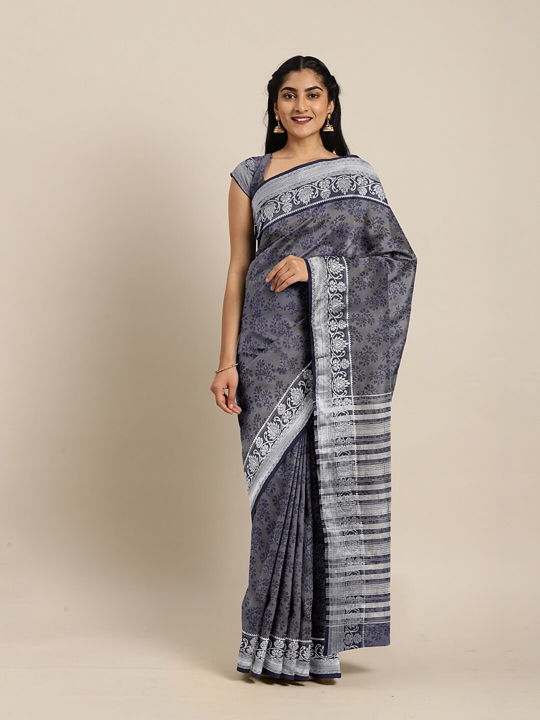 

The Chennai Silks Navy Blue & Silver-Toned Woven Design Zari Jute Cotton Saree