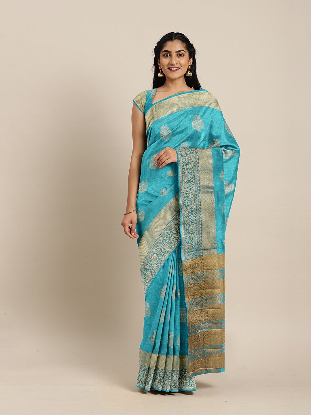 

The Chennai Silks Turquoise Blue & Gold-Toned Ethnic Motifs Zari Jute Cotton Saree