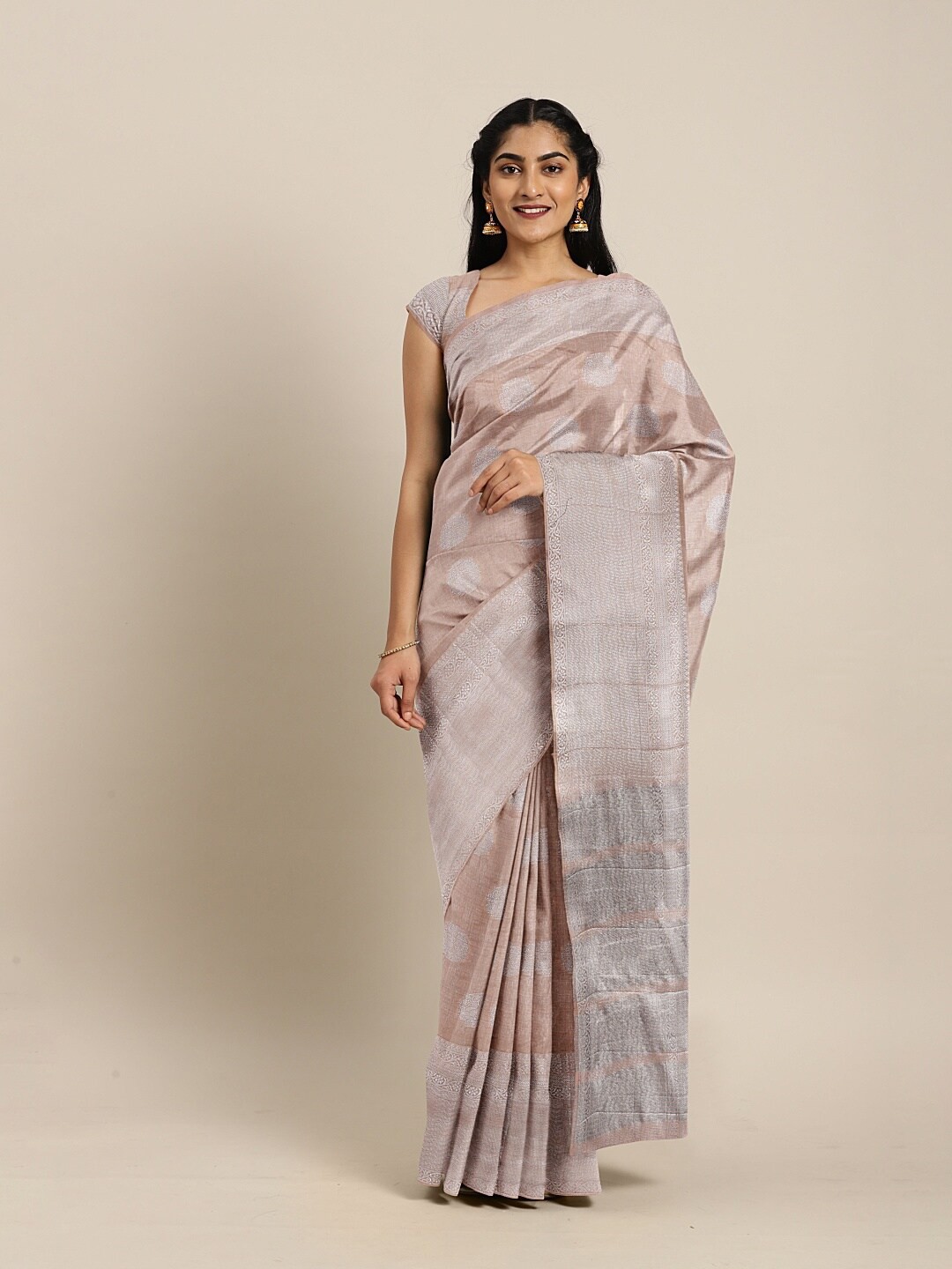 

The Chennai Silks Brown & Silver-Toned Ethnic Motifs Zari Jute Cotton Saree