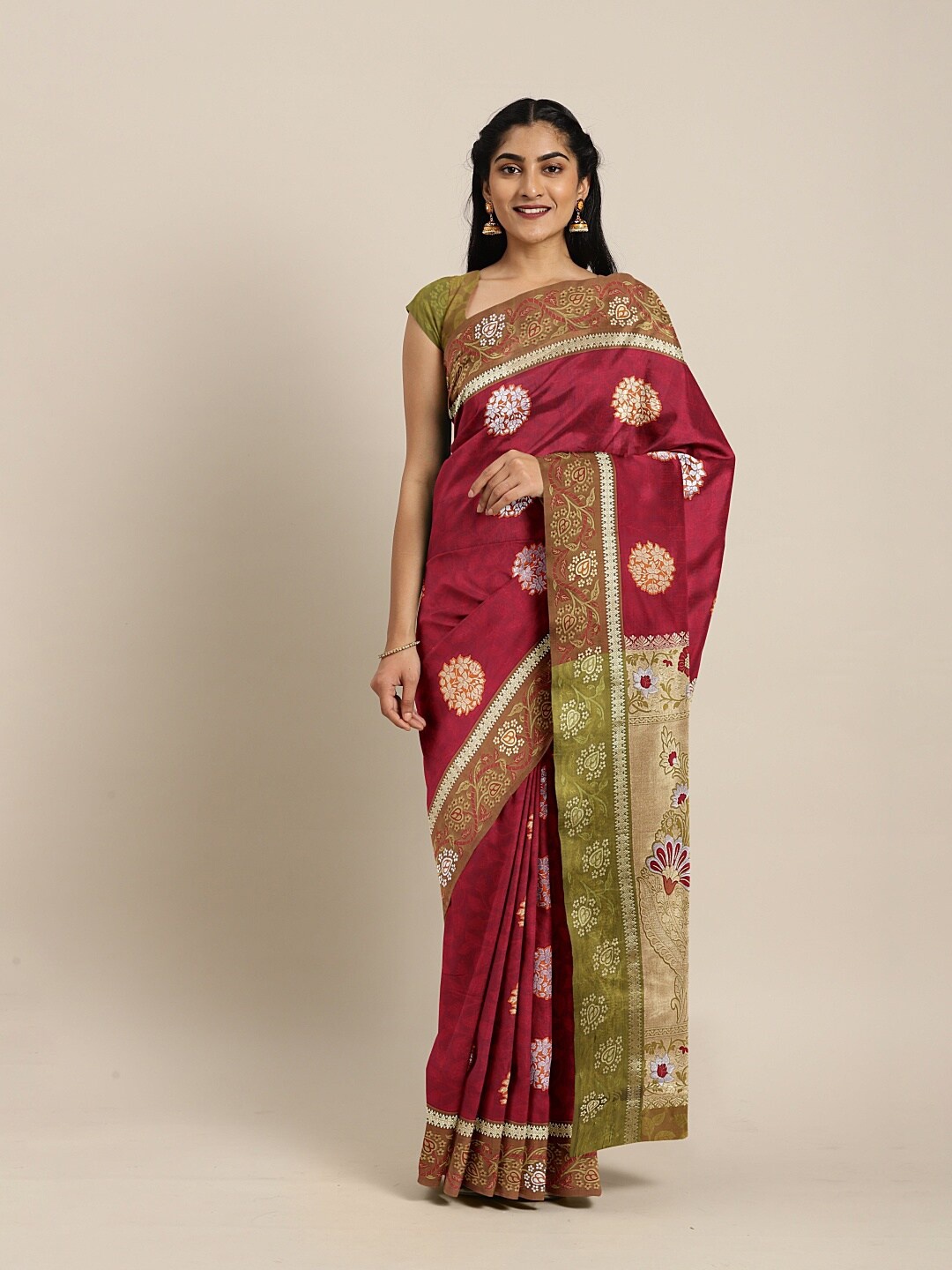 

The Chennai Silks Maroon & Gold-Toned Ethnic Motifs Art Silk Saree