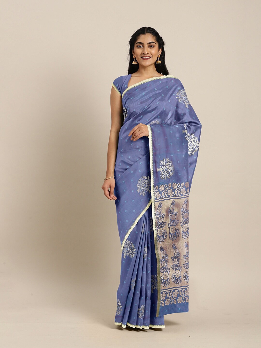 

The Chennai Silks Blue & Gold-Toned Ethnic Motifs Zari Art Silk Saree