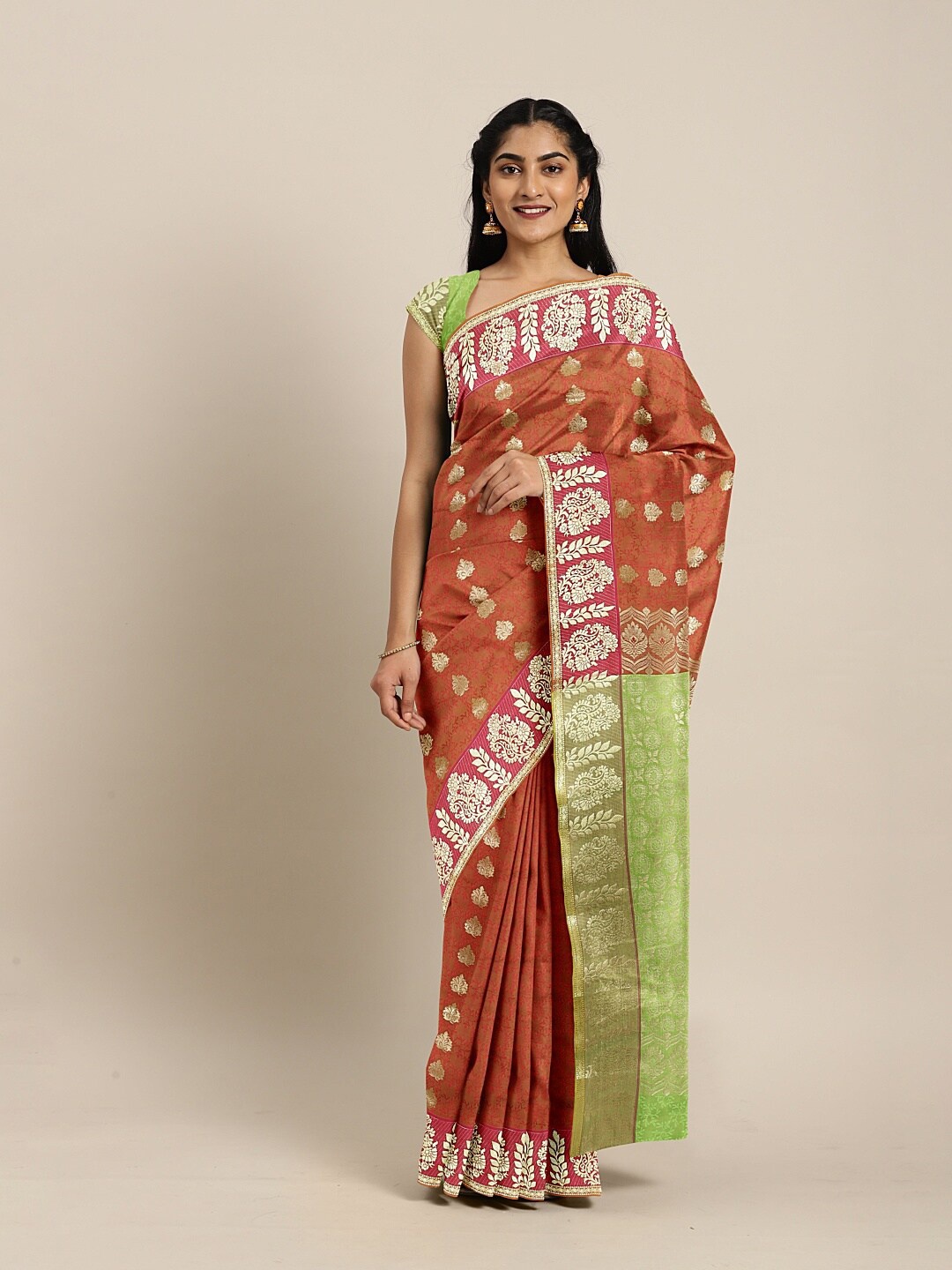 

The Chennai Silks Rust & Green Floral Zari Art Silk Saree