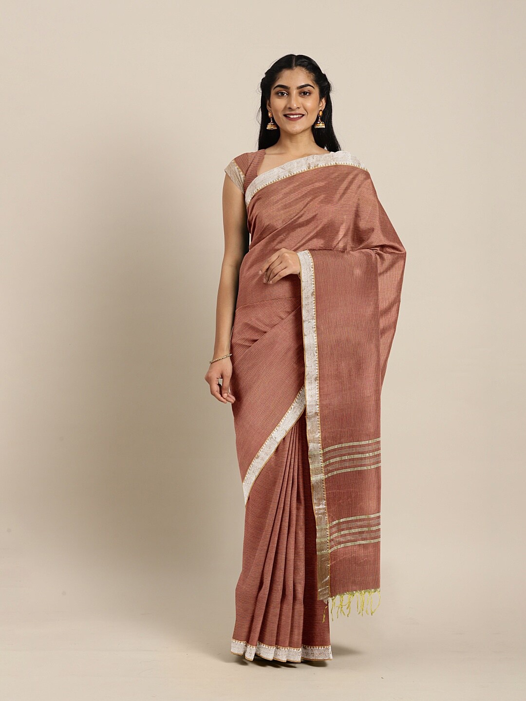 

The Chennai Silks Orange & Silver-Toned Striped Zari Pure Cotton Mangalagiri Saree