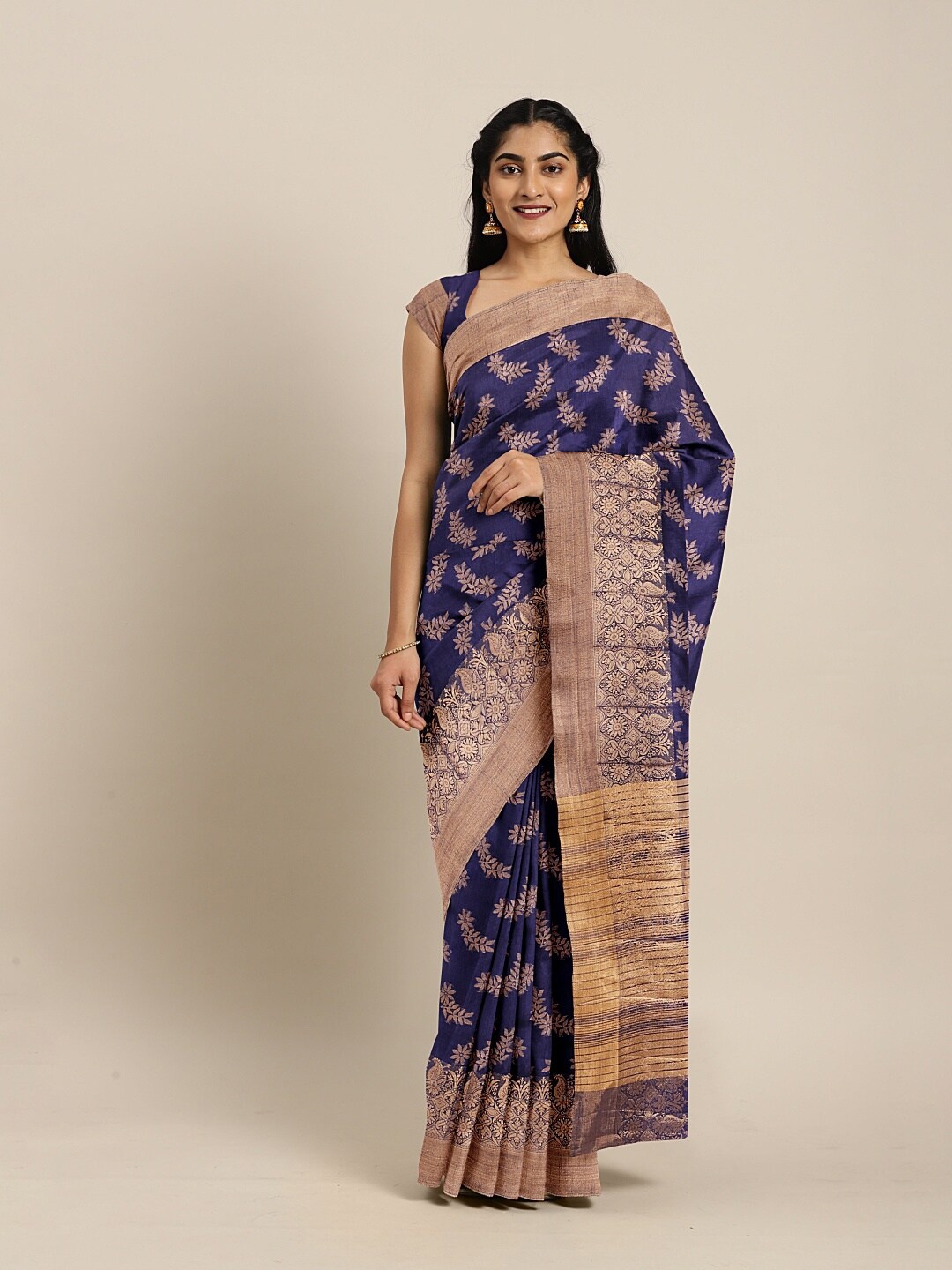 

The Chennai Silks Navy Blue & Gold-Toned Floral Zari Jute Cotton Saree