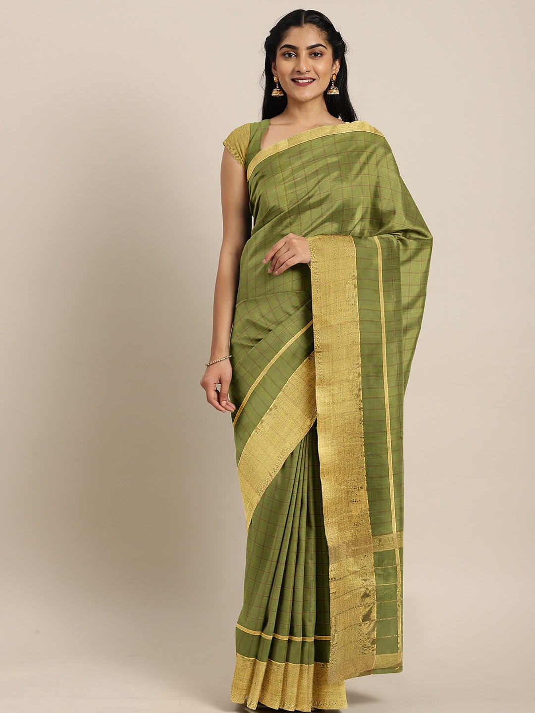 

The Chennai Silks Green & Gold-Toned Checked Pure Cotton Venkatgiri Saree