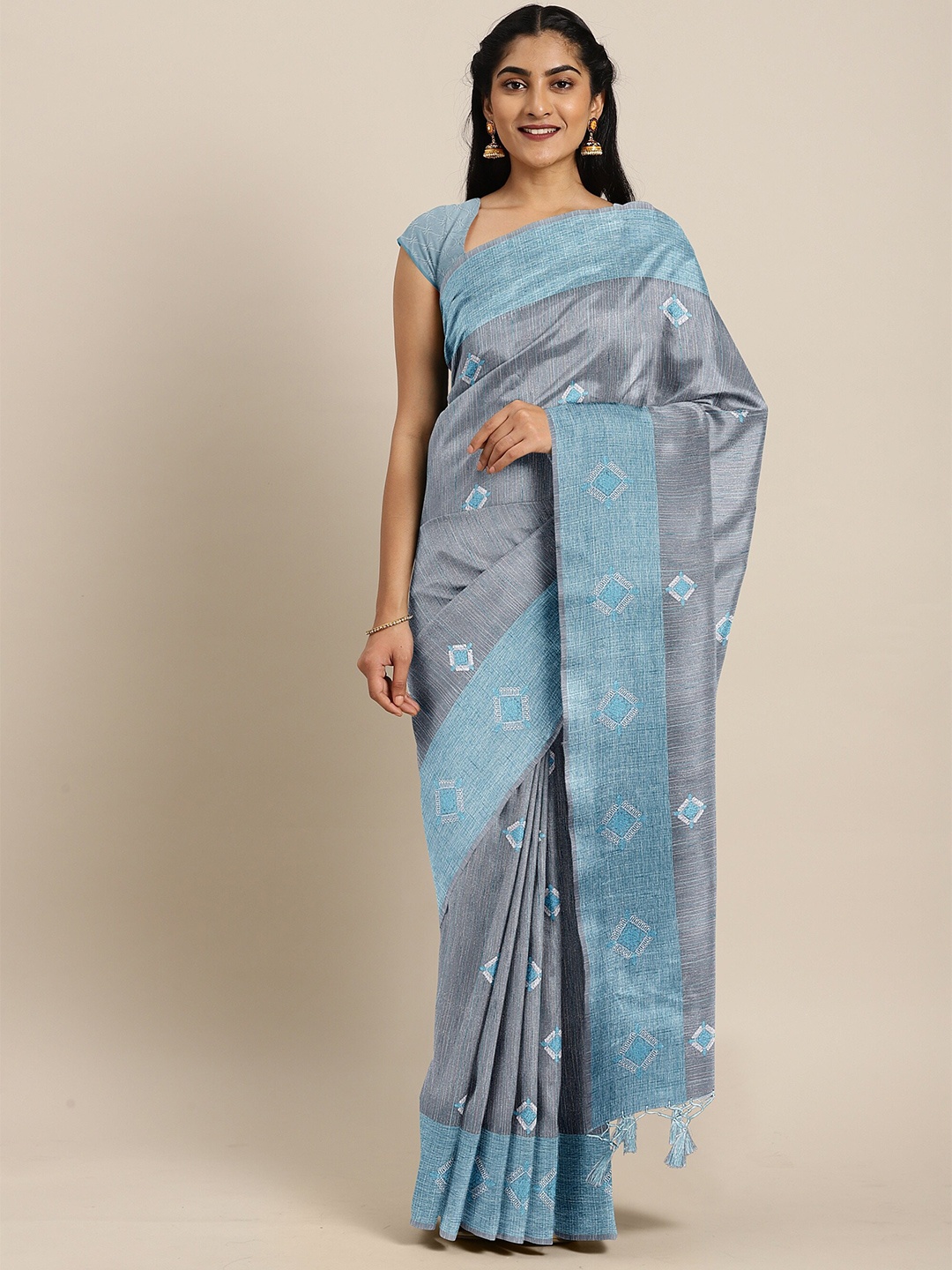 

The Chennai Silks Blue & Grey Floral Embroidered Tissue Fusion Saree