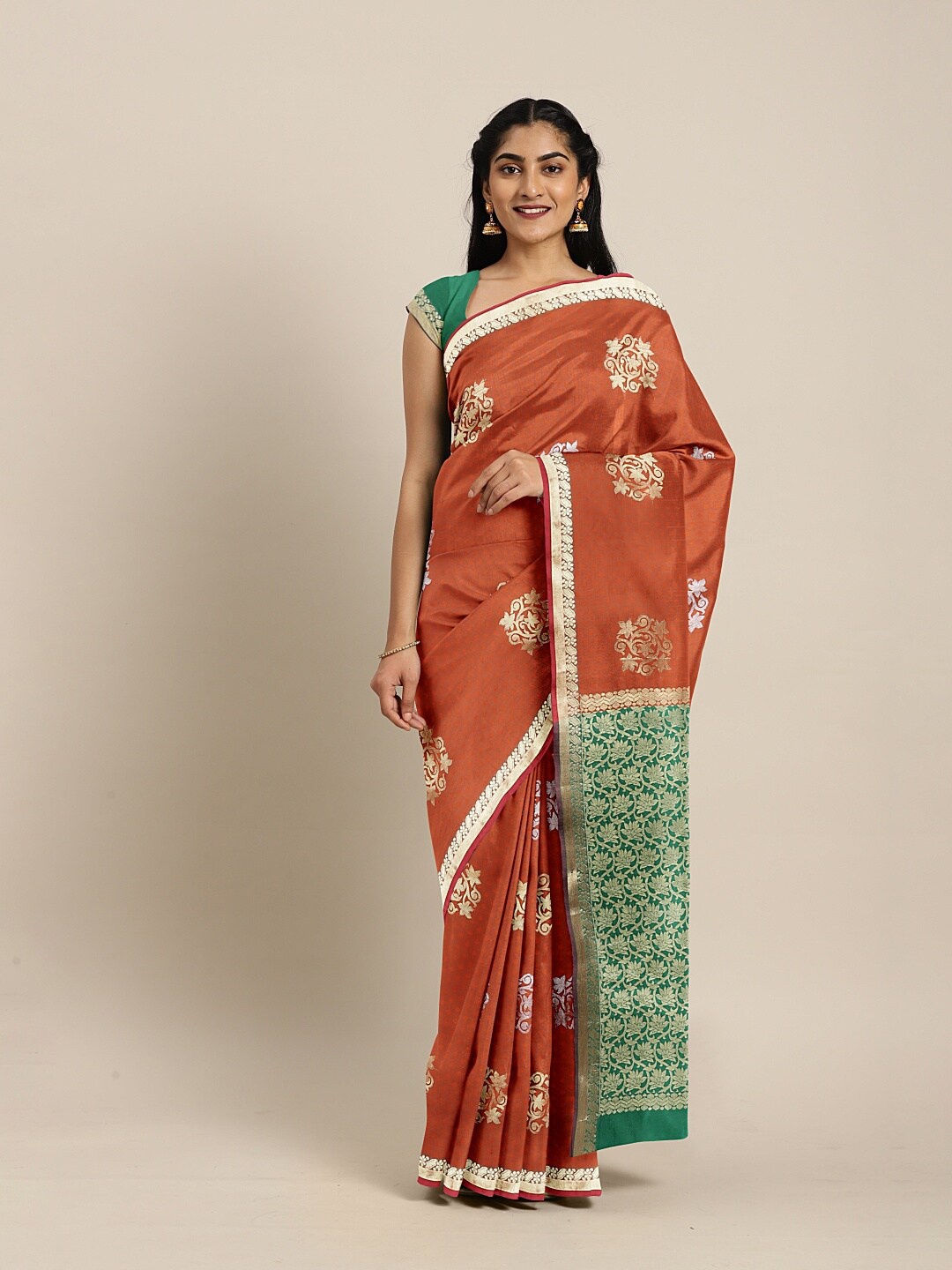 

The Chennai Silks Orange & Green Ethnic Motifs Zari Art Silk Fusion Saree