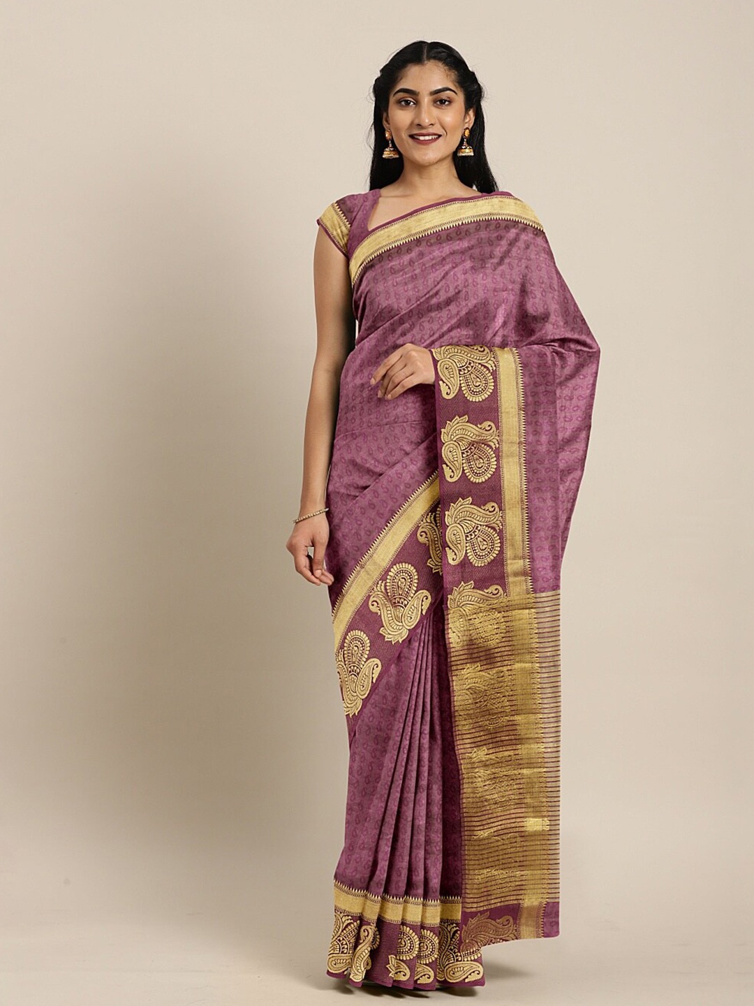 

The Chennai Silks Purple & Gold-Toned Floral Zari Jute Cotton Fusion Saree