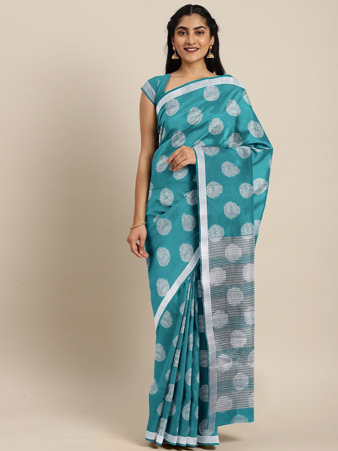 

The Chennai Silks Teal & Silver-Toned Ethnic Motifs Zari Jute Cotton Saree