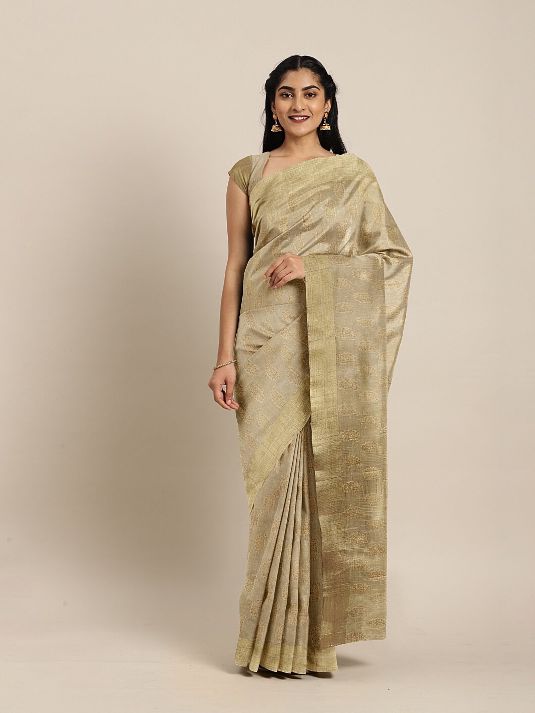 

The Chennai Silks Beige & Gold-Toned Ethnic Motifs Jute Cotton Saree