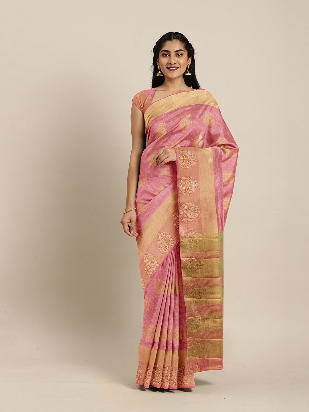 

The Chennai Silks Orange & Green Woven Design Zari Jute Cotton Fusion Saree
