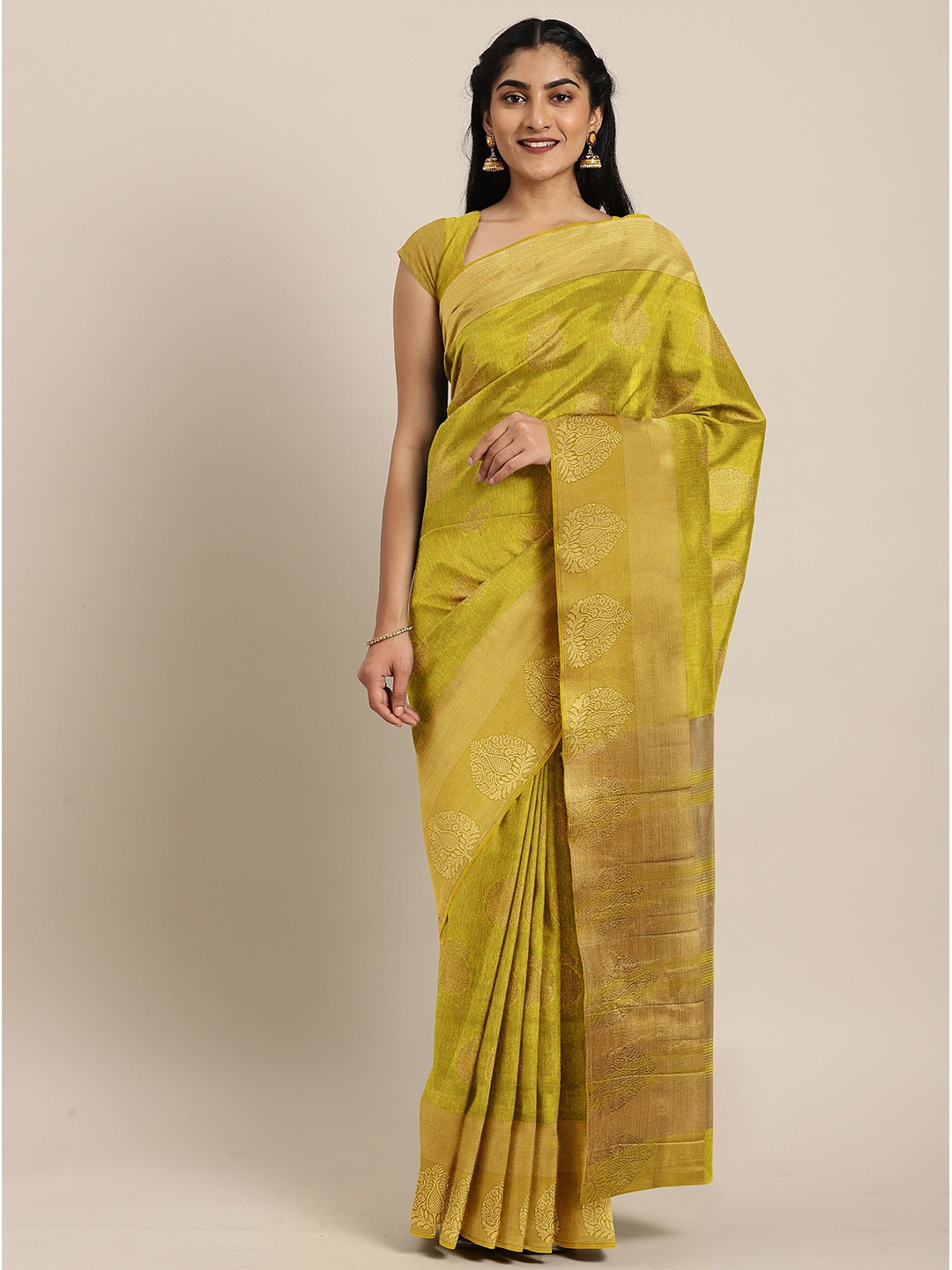 

The Chennai Silks Green & Gold-Toned Ethnic Motifs Zari Jute Cotton Saree