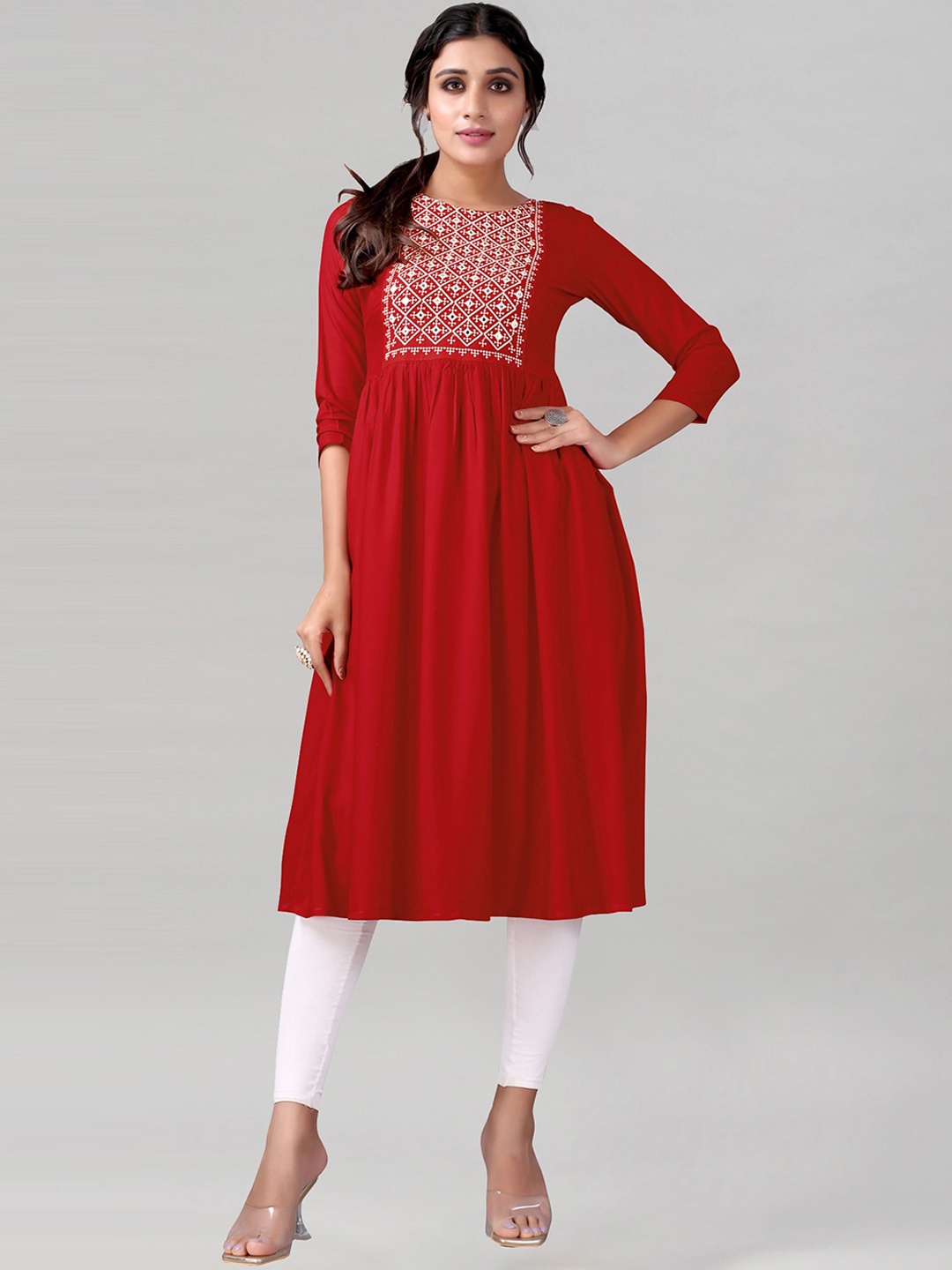 

KALINI Women Red Geometric Yoke Design Mirror Work Kurta
