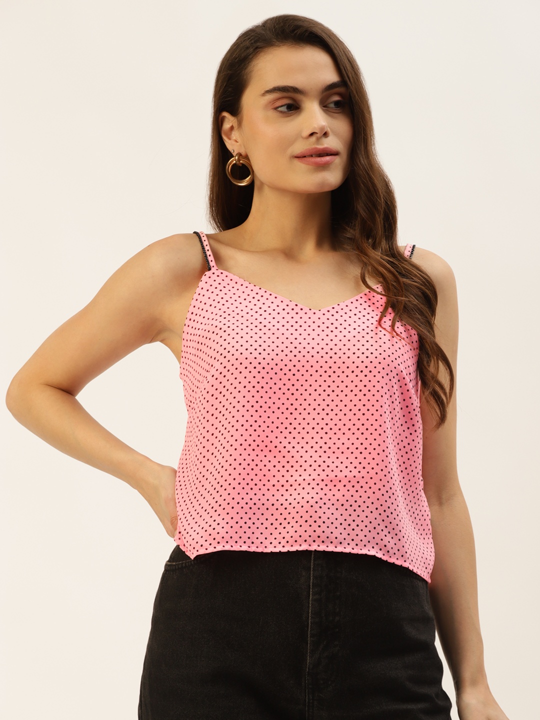 

Madame Women Pink & Black Geometric Printed Spaghetti Top